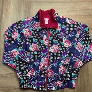 Vintage Lavon Bomber Jacket Womens Large Pink Black Floral 90s Coquette Ruffle‎